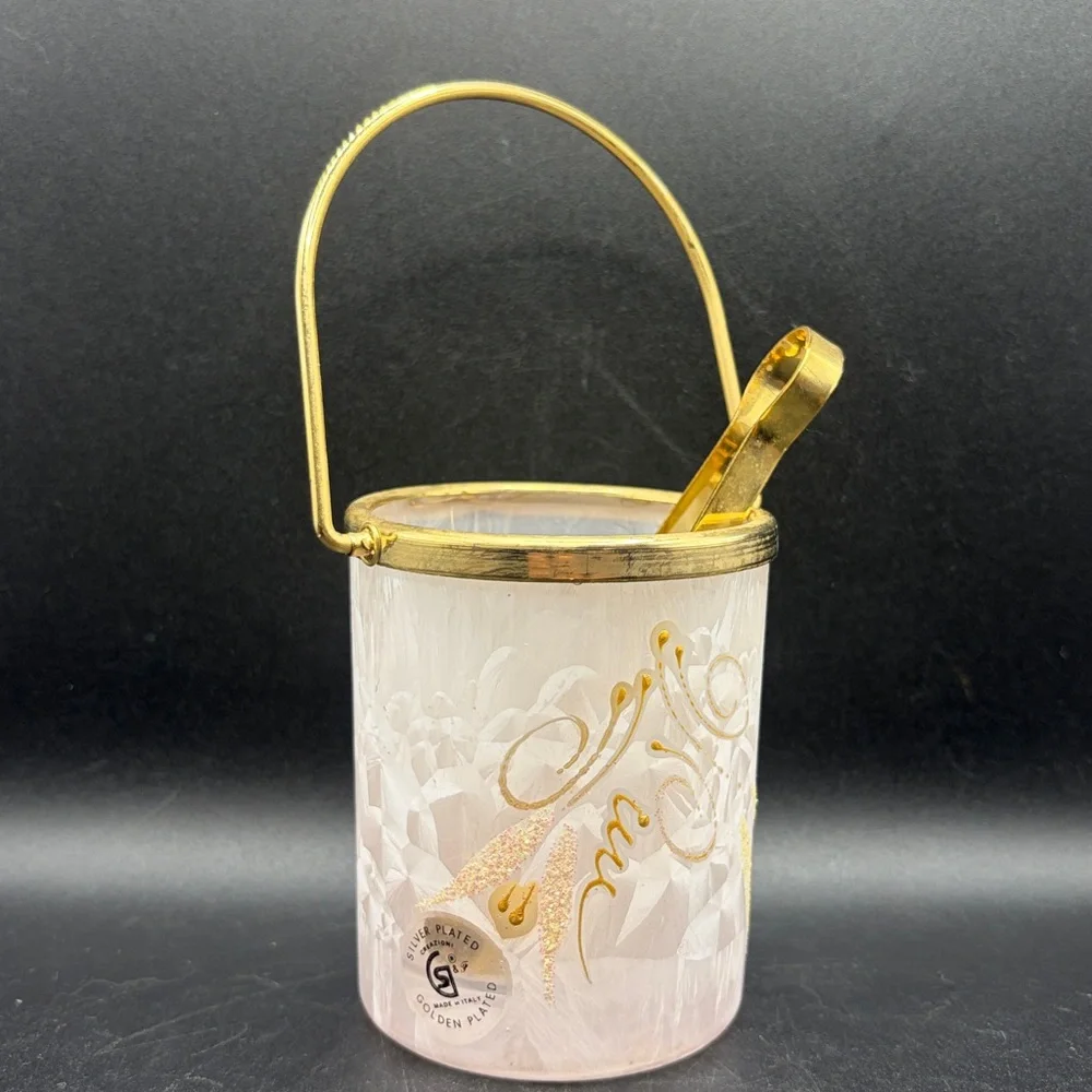 Vintage Creazioni Italy Personal Hand Painted Frosted Floral Ice Bucket w Tongs